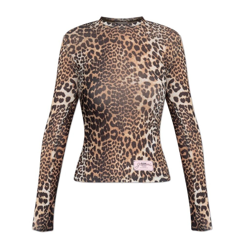 Ganni Leopard Print Long Sleeve light mesh Top Brown & black Crew Neck size XXS